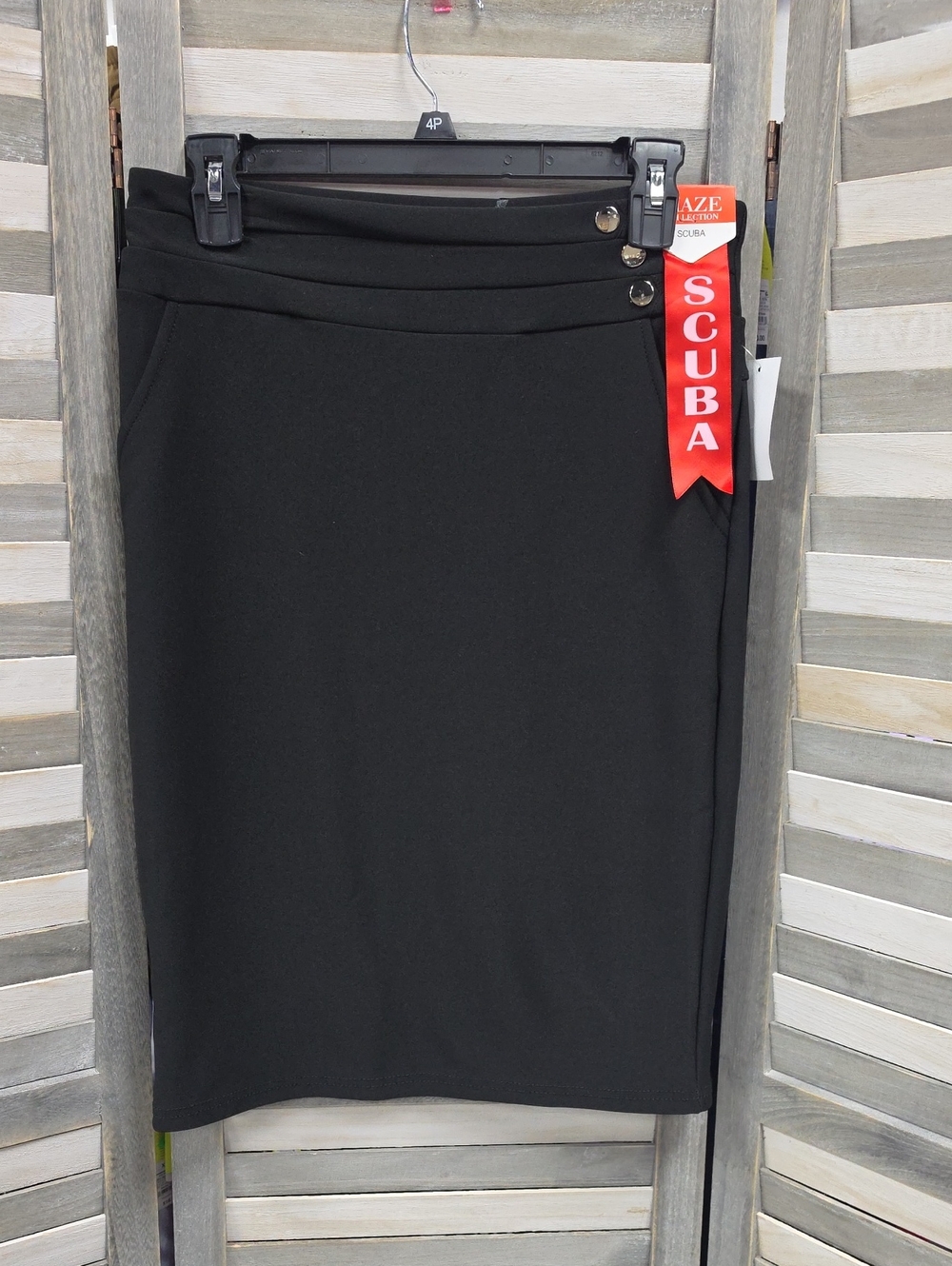 Scuba Black Pencil Skirt with Button Waist Detail